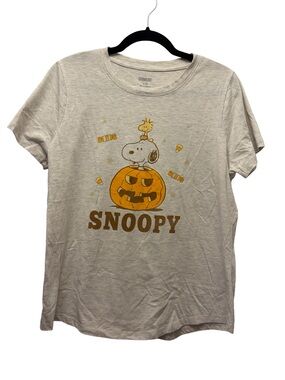 Peanuts Snoopy Pumpkin Graphic T Shirt Womens L Gray Halloween Short Sleeve